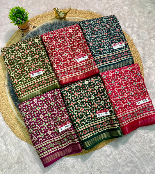 CP-7160 MAL COTTON FABRIC SAREE WITH BEAUTIFUL AJRAKH PRINT WITH BEAUTIFUL RICH PALLU DESIGN WITH BLOUSE