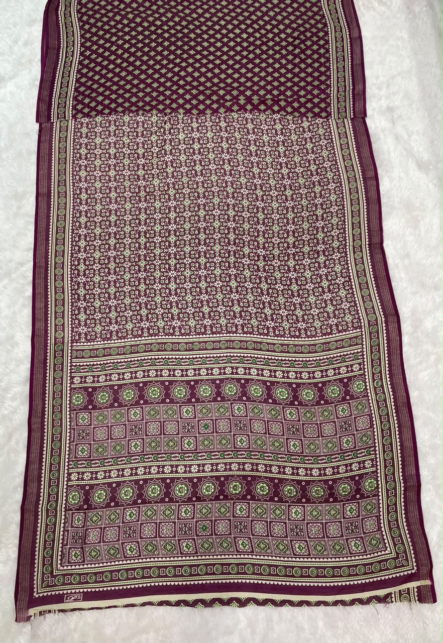 CP-7160 MAL COTTON FABRIC SAREE WITH BEAUTIFUL AJRAKH PRINT WITH BEAUTIFUL RICH PALLU DESIGN WITH BLOUSE