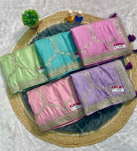 VL-KHUSHI CREP FABRIC SAREE WITH EMBROIDERY WORK WITH THREAD WORK WITH LATKAN AND BLOUSE