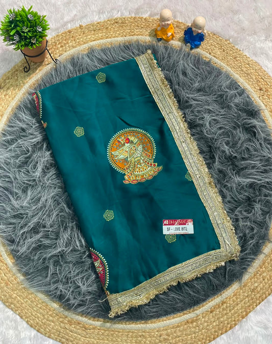 SF-LOVE BITE FENDI FABRIC SAREE WITH BEAUTIFUL DESIGN WITH PEACOCK PRINT ON SAREE WITH BEAUTIFUL LACE WITH BANDHNI BLOUSE