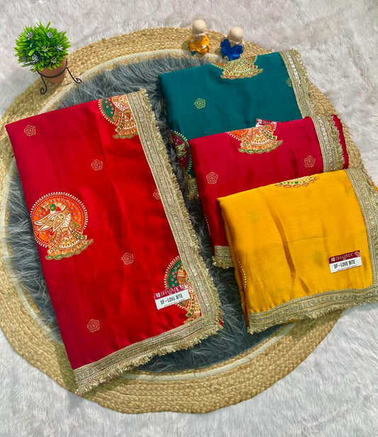 SF-LOVE BITE FENDI FABRIC SAREE WITH BEAUTIFUL DESIGN WITH PEACOCK PRINT ON SAREE WITH BEAUTIFUL LACE WITH BANDHNI BLOUSE