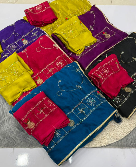 NN-2175 MOSS CHIFFON FABRIC SAREE WITH BEAUTIFUL HANDWORK SAREE WITH HEAVY BORDER WORK ON IT CONTRAST WORK BLOUSE