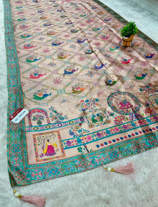 AJ-SALVIA SOFT SILK SAREE WITH BEAUTIFUL PEACOCK DESIGN ALL OVER BODY WITH JARKAN WORK WITH TASSELS AND PRINTED BLOUSE
