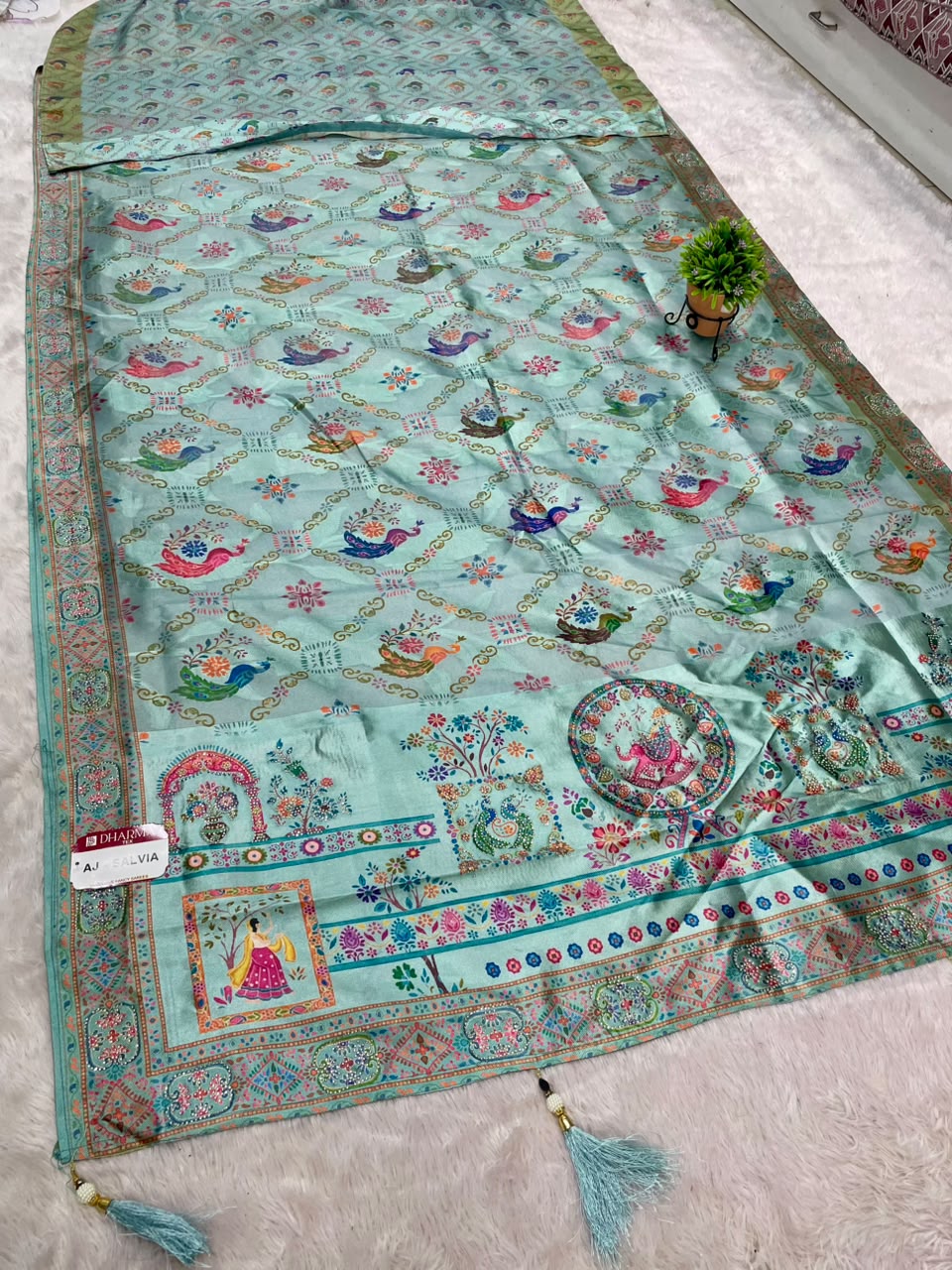 AJ-SALVIA SOFT SILK SAREE WITH BEAUTIFUL PEACOCK DESIGN ALL OVER BODY WITH JARKAN WORK WITH TASSELS AND PRINTED BLOUSE