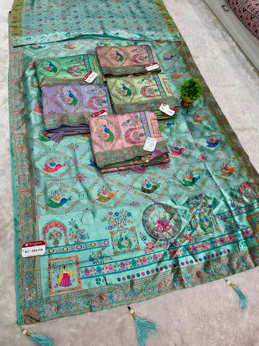 AJ-SALVIA SOFT SILK SAREE WITH BEAUTIFUL PEACOCK DESIGN ALL OVER BODY WITH JARKAN WORK WITH TASSELS AND PRINTED BLOUSE