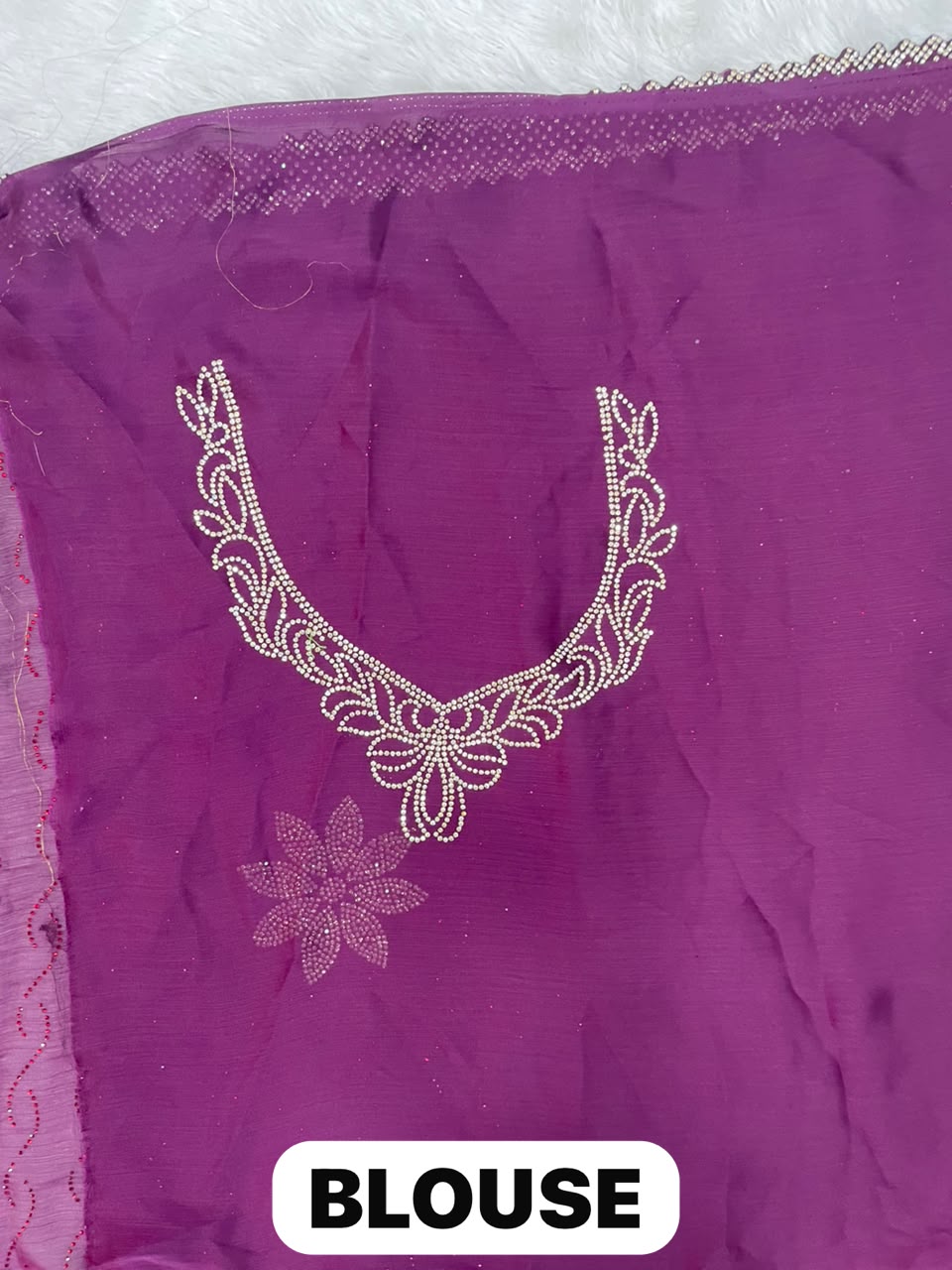 RD-PURE STAR SATIN FABRIC SAREE WITH BEAUTIFUL FLORAL JARKAN & STONE WORK WITH GLITTER HIGHLIGHTS WITH ALL OVER WAVY TEXTURE PATTERN WITH DESIGNER FLOWER BUTTIS AND MATCHING DESIGNER BLOUSE WITH NECK WORK