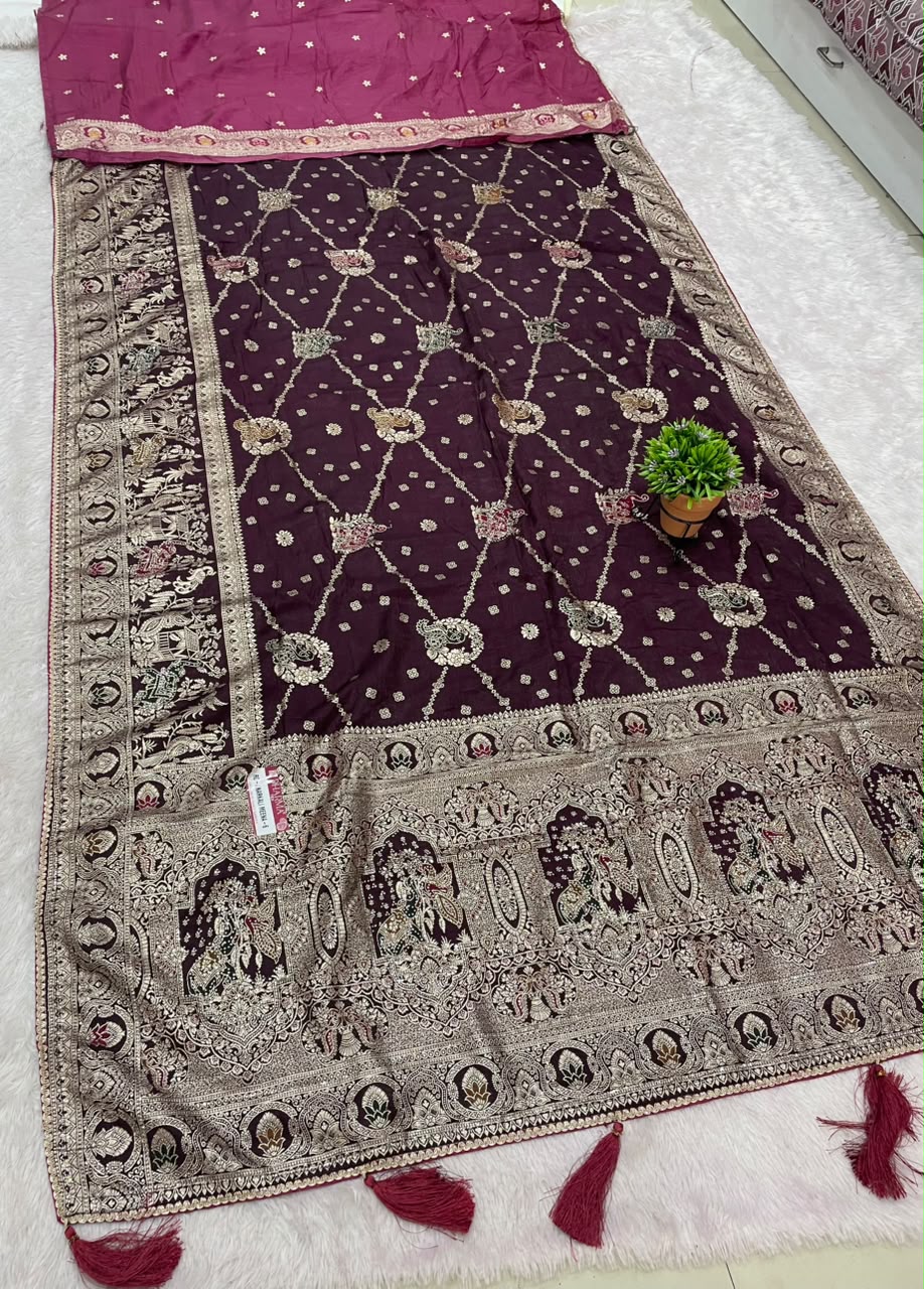 RD-ANARKALI MEENA-6 FANCY D DOLA SILK FABRIC SAREE WITH BEAUTIFUL RICH PALLU DESIGN WWITH HEAVY JARKAN WORK WITH BEAUTFUL PEAOCK DESIGN WITH BLOUSE