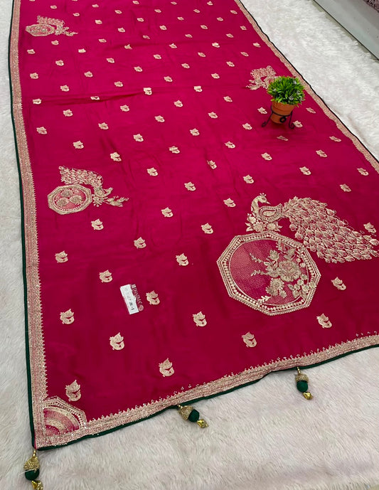 RD-SAAT PHERE-9 VISCOS SILK FABRIC SAREE WITH JARKAN WORK WITH BEAUTIFUL PEACOCK DESIGN ON BODY WITH PIPING AND LATKAN WITH BLOUSE
