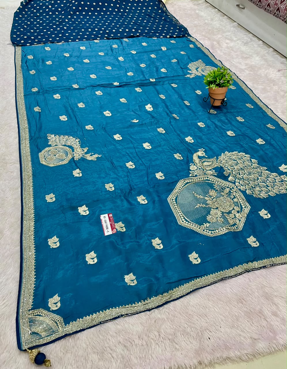 RD-SAAT PHERE-9 VISCOS SILK FABRIC SAREE WITH JARKAN WORK WITH BEAUTIFUL PEACOCK DESIGN ON BODY WITH PIPING AND LATKAN WITH BLOUSE