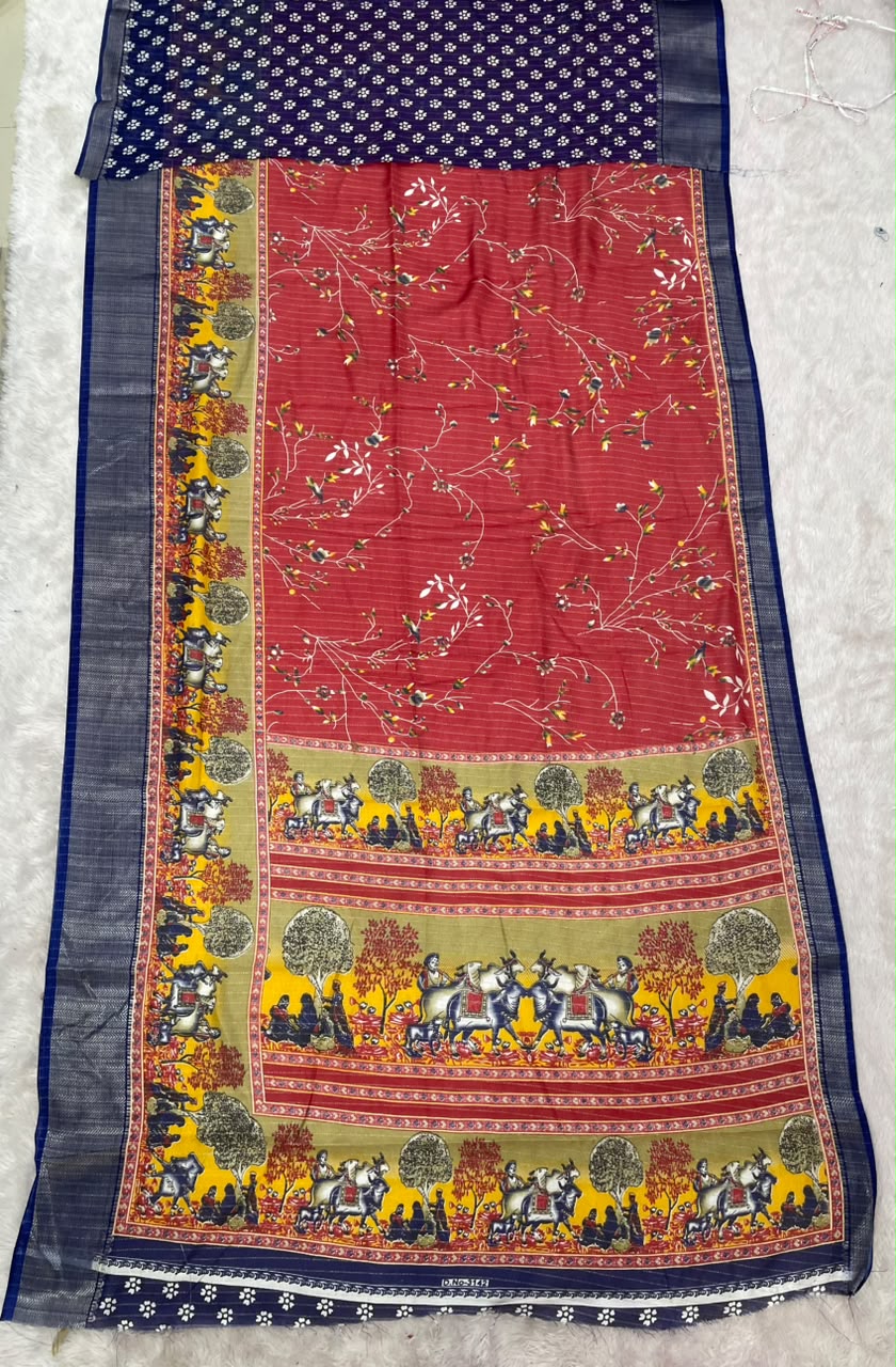 SV-8129 DOLA RIKO FABRIC SAREE WITH BEAUTIFUL PALLU ON DESIGN WITH FLORAL PRINT ON BODY WITH BLOUSE