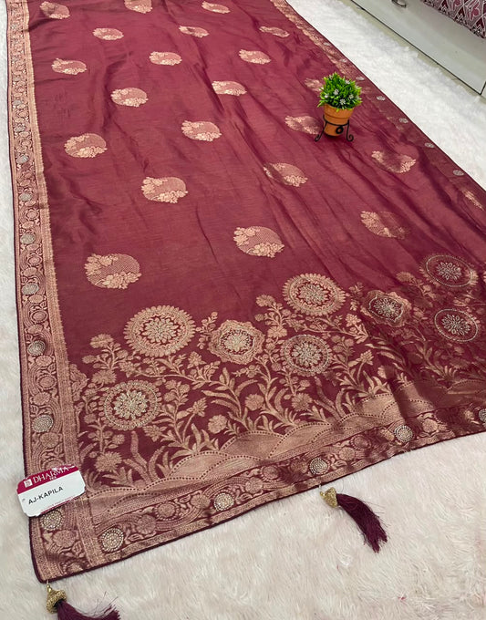 AJ-KAPILA FANCY SOFT ORGANZA FABRIC SAREE WITH OPEN PALLU DESIGN WITH BEAUTIFUL FLORAL DESIGN WITH TASELS WITH BLOUSE