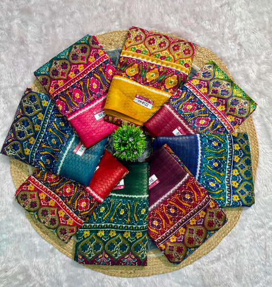 SV-8122 MAL COTTON FABRIC SAREE WITH RICH PALLU DESIGN WITH BEAUTIFUL PATOLA PRINT DESIGN WITH BLOUSE