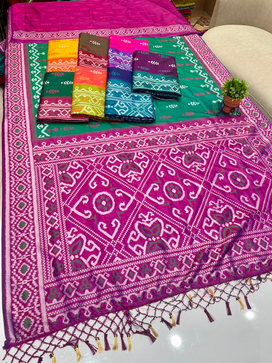 AJ-ANSHU SOFT SILK FABRIC SAREE WITH RICH PALLU DESIGN WITH IKKAT PATOLA TEST DESIGN WITH TASSELS WITH BLOUSE