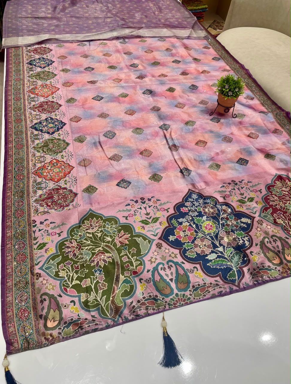 AJ-SATRANGI FANCY FABRIC SAREE WITH OPEEN PALLU DESIGN WITH BEAUTIFUL FLORAL DESIGN WITH DMC SIROSKI WORK WITH PIPING AND LATKAN WITH BLOUSE