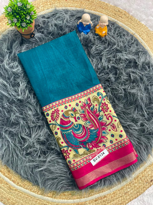 SV-8134 MAL COTTON FABRIC SAREE WITH BEAUTIFUL DESIGN WIITH GRAND PALLU DESIGN WITH BEAUTIFUL PEACOCK DESIGN ON SAREE WITH BLOUSE