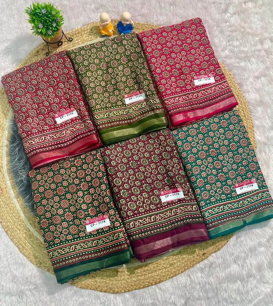 CP-7174 MAL COTTON FABRIC SAREE WITH RICH PALLU DESIGN WITH BEAUTIFUL AJRAKH PRINT ALL OVER ON SAREE WITH BLOUSE