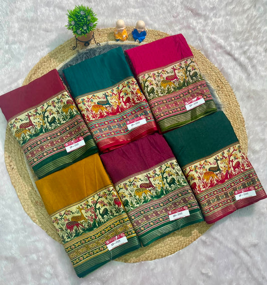 CP-7177 MAL COTTON FABRIC SAREE WITH RICH PALLU DESIGN WITH BEAUTIFUL AJRKAH PRINT WITH BLOUSE