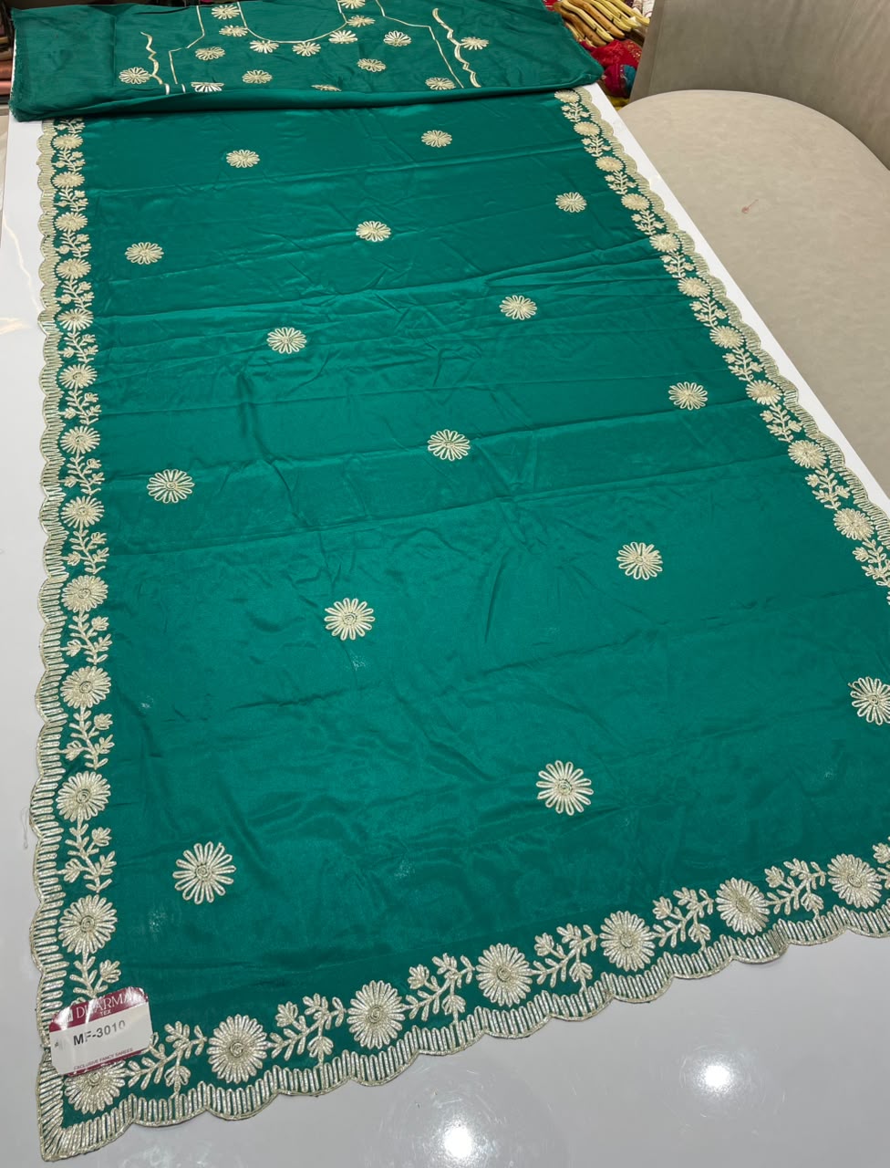 MF-3010 HO SILK FABRIC SAREE WITH THREAD WORK WITH CUTWORK WITH BEAUTIFUL FLORAL DESIGN ON BORDER WITH BLOUSE