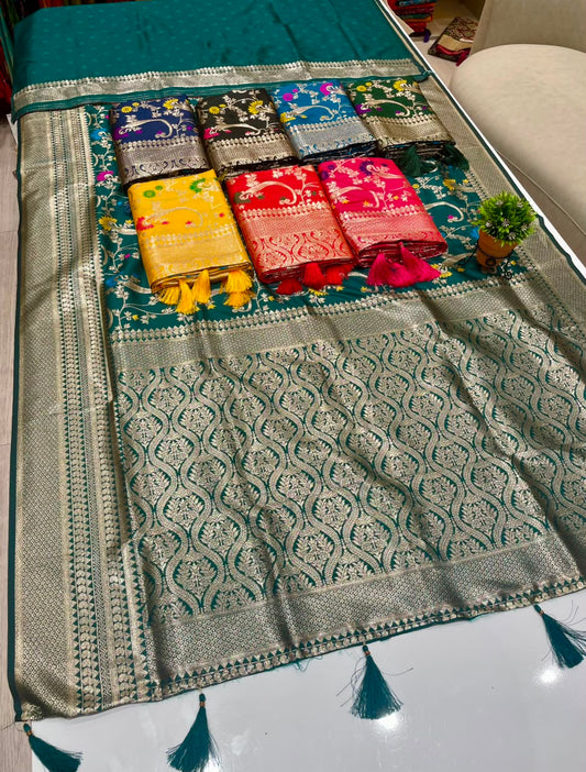 AJ-JASMINE SOFT SILK FABRIC SAREE WITH BEAUTIFUL RICH PALLU DESIGN WITH MEENAKARI WORK WITH TASSELS WITH BLOUSE