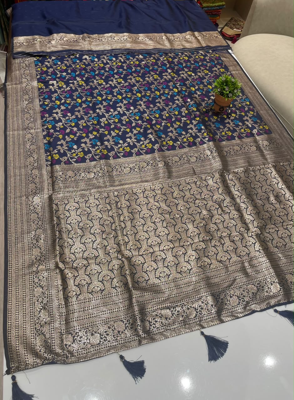AJ-KALRAV SOFT SILK FABRIC SAREE WITH RICH PALLU DESIGN WITH MEENAKRI WORK WITH PIPING AND LATKAN WITH BLOUSE