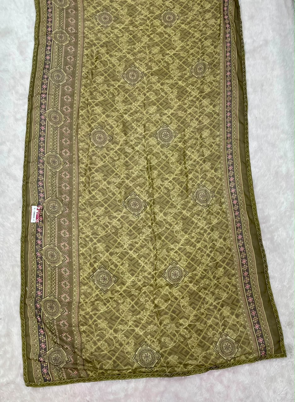 SF-TANISHA-2 GEORGETTE 60 GRAM FABRIC WITH BEAUTIFUL PRINT ON SAREE WITH DMC SIROSKI WORK SAREE WITH BORDER WITH BLOUSE