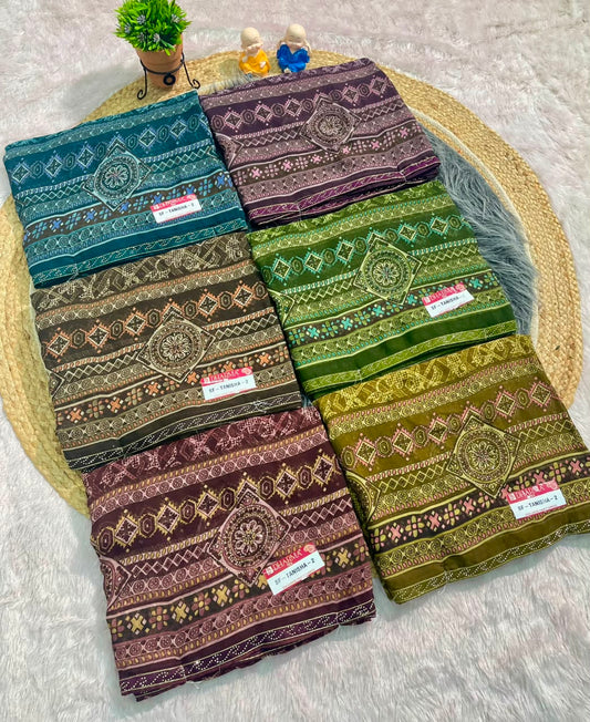 SF-TANISHA-2 GEORGETTE 60 GRAM FABRIC WITH BEAUTIFUL PRINT ON SAREE WITH DMC SIROSKI WORK SAREE WITH BORDER WITH BLOUSE