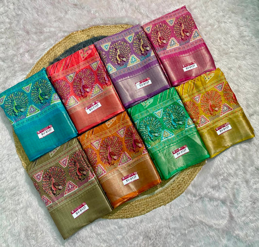 SV-8137 DOLA RIKO FABRIC SAREE WITH BEAUTIFUL PALLU DESIGN WITH JACUARD BORDER WITH BLOUSE