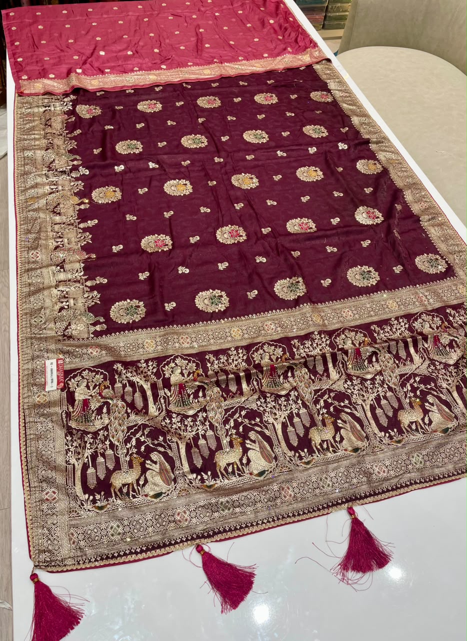 RD-ANARKALI MINA-9 FANCY D DOLA SILK FABRIC SAREE WITH RICH PALLU DESIGN WITH DMC SIROSKI WORK WITH PIPING AND LATKAN WITH CONTRAST BLOUSE