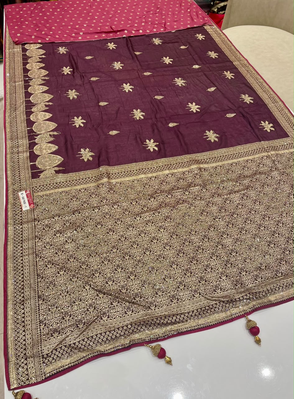 RD-SAAT PHERE-11 VISCOS SILK FABRIC SAREE WITH RICH PALLU DESIGN WITH DMC SIROSKI WORK WITH BEAUTIFUL FLORAL DESIGN WITH PIPING AND LUXURIOUS TASSELS WITH BLOUSE