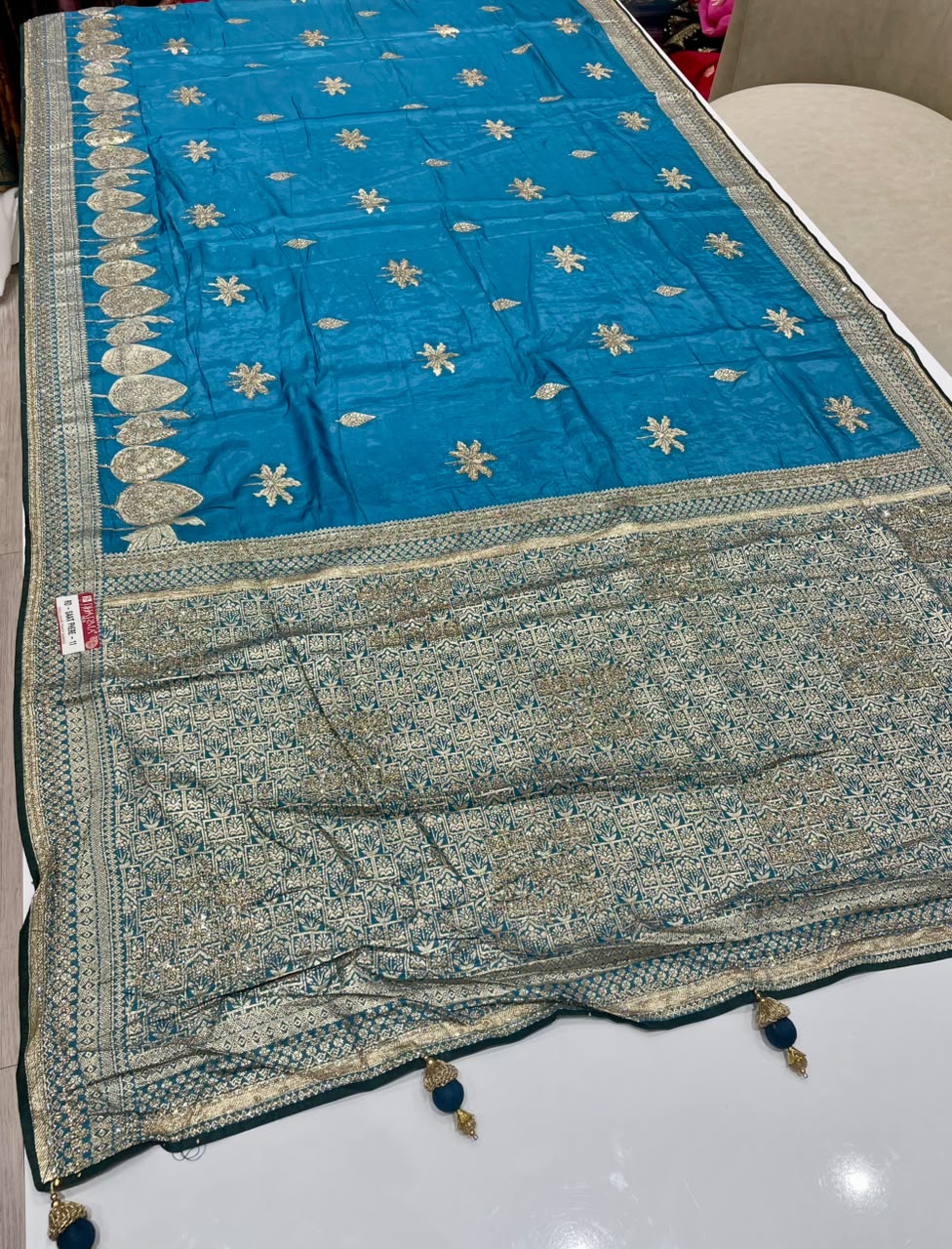 RD-SAAT PHERE-6 VISCOS SILK FABRIC SAREE WITH BEAUTIFUL DESIGN WITH DMC SIROSKI WORK WITH PIPING AND LATKAN WITH BLOUSE