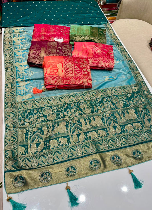 AJ-MARCO TISSUE FABRIC SAREE WITH HEAVY RICH PALLU DEISGN WITH JARKAN WORK WITH LAGNI PATTA WITH BEAUTIFUL DESIGN ON PALLU WITH PIPING AND TASSELS WITH BLOUSE