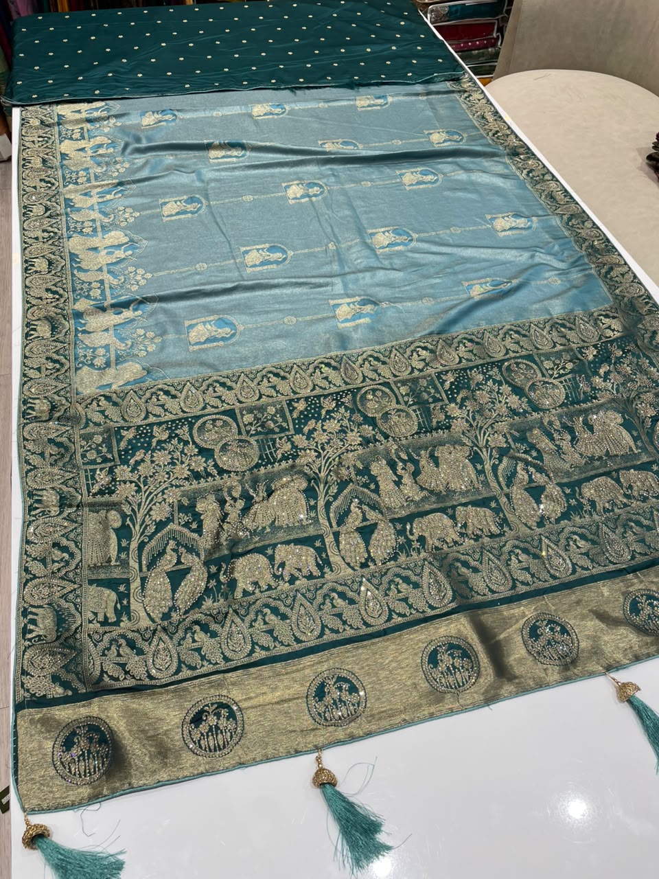AJ-MARCO TISSUE FABRIC SAREE WITH HEAVY RICH PALLU DEISGN WITH JARKAN WORK WITH LAGNI PATTA WITH BEAUTIFUL DESIGN ON PALLU WITH PIPING AND TASSELS WITH BLOUSE