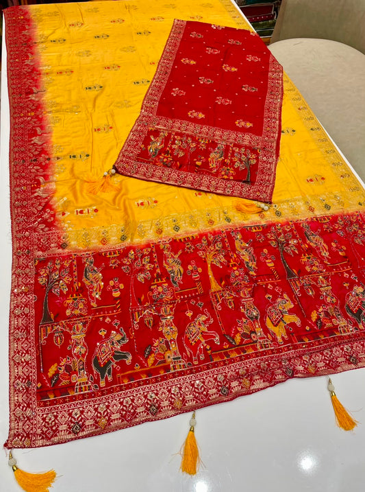 AJ-AARTI-DUPATTA SOFT DOLA SILK FABRIC SAREE WITH CHAAP DYING WITH BEAUTIFUL JARKAN WORK WITH PIPING AND TASSELS WITH HEAVY JARKAN WORK DUPATTA