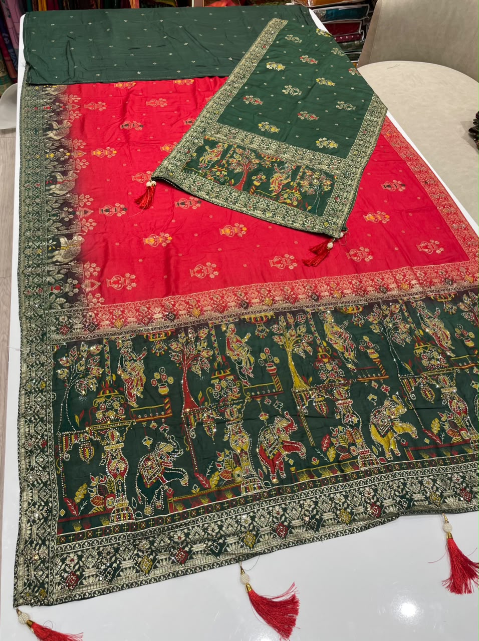 AJ-AARTI-DUPATTA SOFT DOLA SILK FABRIC SAREE WITH CHAAP DYING WITH BEAUTIFUL JARKAN WORK WITH PIPING AND TASSELS WITH HEAVY JARKAN WORK DUPATTA
