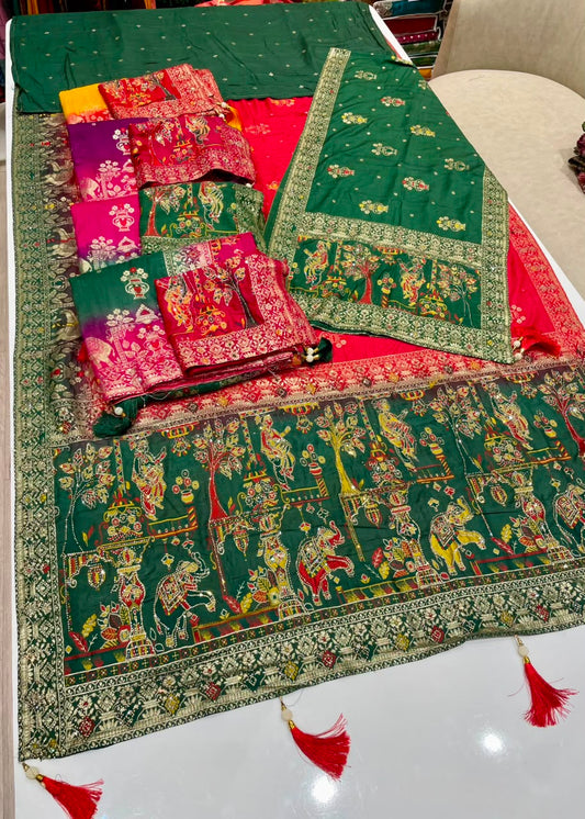 AJ-AARTI-DUPATTA SOFT DOLA SILK FABRIC SAREE WITH CHAAP DYING WITH BEAUTIFUL JARKAN WORK WITH PIPING AND TASSELS WITH HEAVY JARKAN WORK DUPATTA