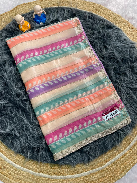 SF-SAJNI FENDI FABRIC SAREEN WITH BEAUTIFUL TRENDING SAREE WITH BEADS WORK WITH LEHARIYA DESIGN WITH DMC SIROSKI WORK HEAVY WORK BLOUSE