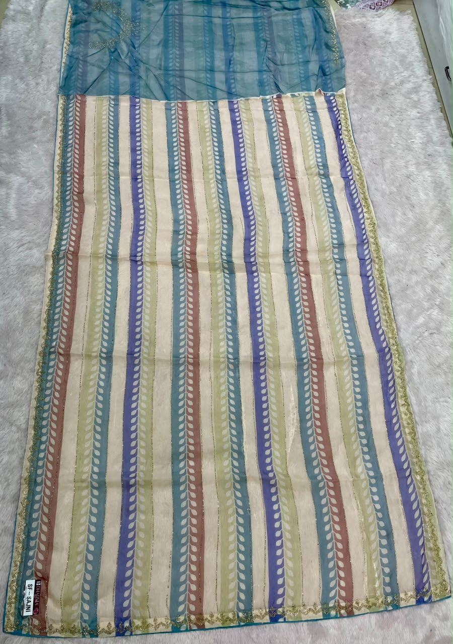 SF-SAJNI FENDI FABRIC SAREEN WITH BEAUTIFUL TRENDING SAREE WITH BEADS WORK WITH LEHARIYA DESIGN WITH DMC SIROSKI WORK HEAVY WORK BLOUSE