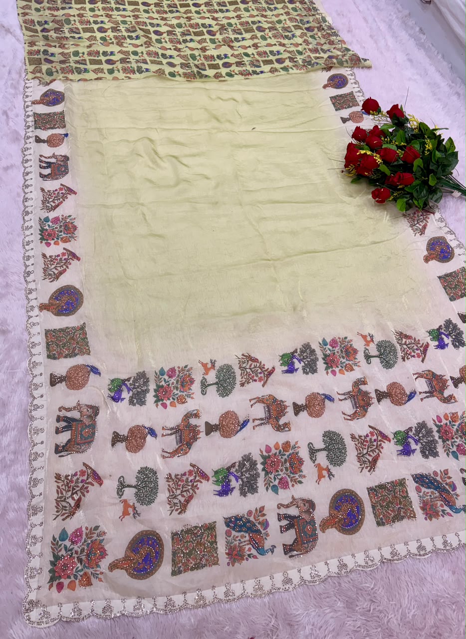 BS-DZIRE FENDI SATIN FABRIC SAREE WITH BEAUTIFUL DESIGN WITH DIGITAL PRINT WITH DMC SIROSKI WORK WITH CUTWORK WITH GAJRAJ AND BIRD DESIGN WITH BLOUSE