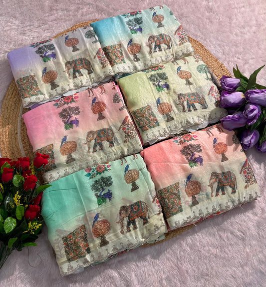 BS-DZIRE FENDI SATIN FABRIC SAREE WITH BEAUTIFUL DESIGN WITH DIGITAL PRINT WITH DMC SIROSKI WORK WITH CUTWORK WITH GAJRAJ AND BIRD DESIGN WITH BLOUSE
