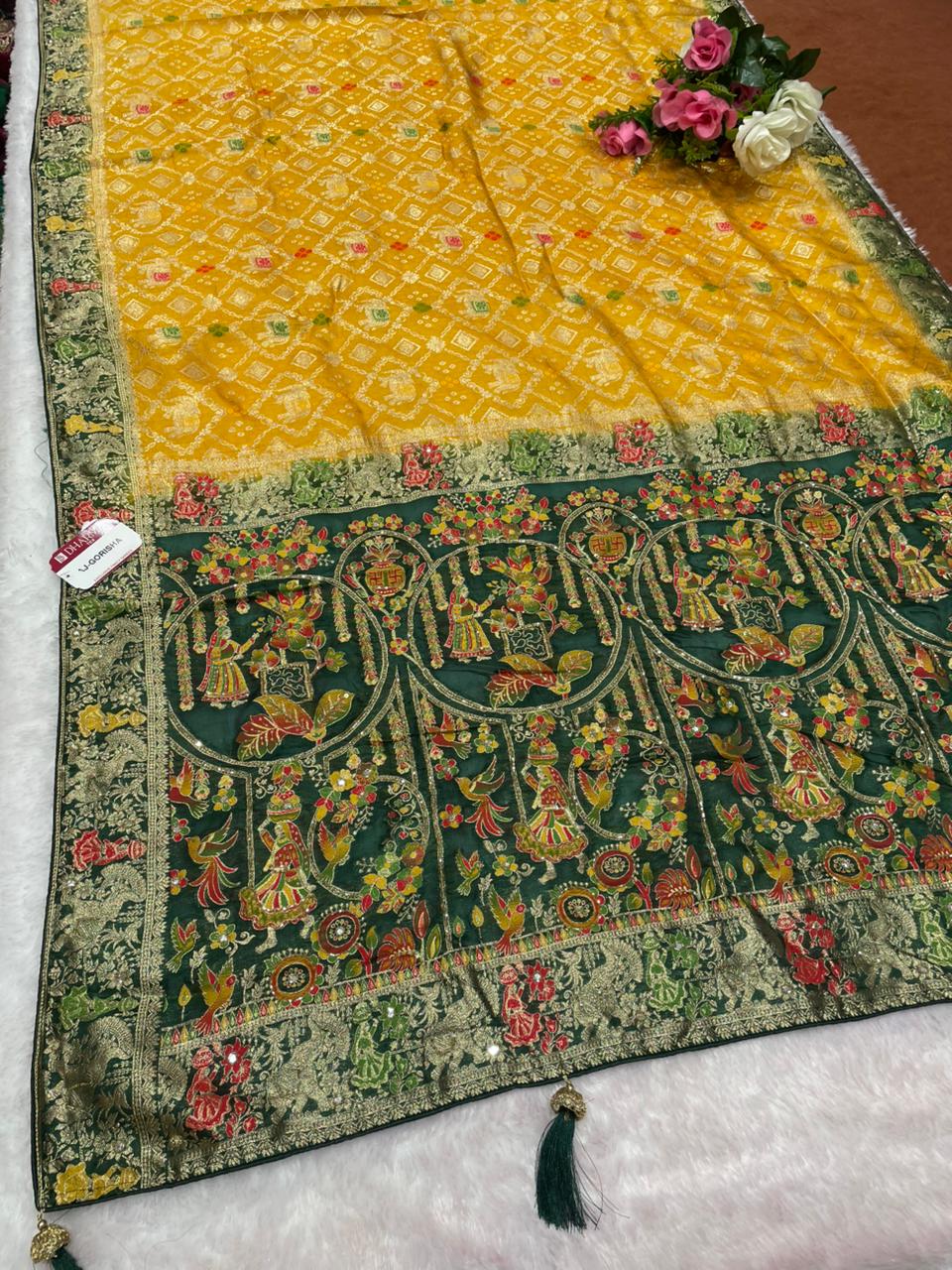 AJ-GORISHA EUROPIAN DOLA SILK FABRIC SAREE WITH RICH PALLU DESIGN WITH MEENAKARI WORK WITH PIPING AND TASSELS WITH BLOUSE