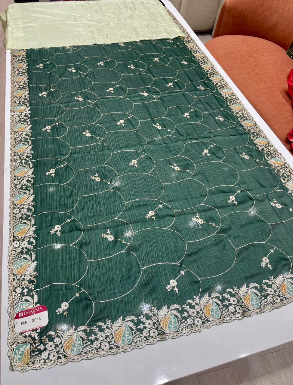 MF-3015 HO SILK FABRIC SAREE WITH HEAVY EMBROIDERY WORK WITH BEUATIFUL FLORAL DESIGN WITH CONTRAST BLOUSE