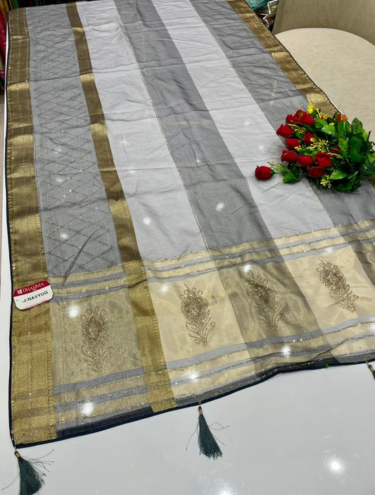 AJ-NAVYUG FANCY FABRIC SAREE WITH BEAUTIFUL DESIGN WITH HEAVY DMC SIROSKI WORK ON SAREE WITH PIPING AND LATKAN WITH BLOUSE