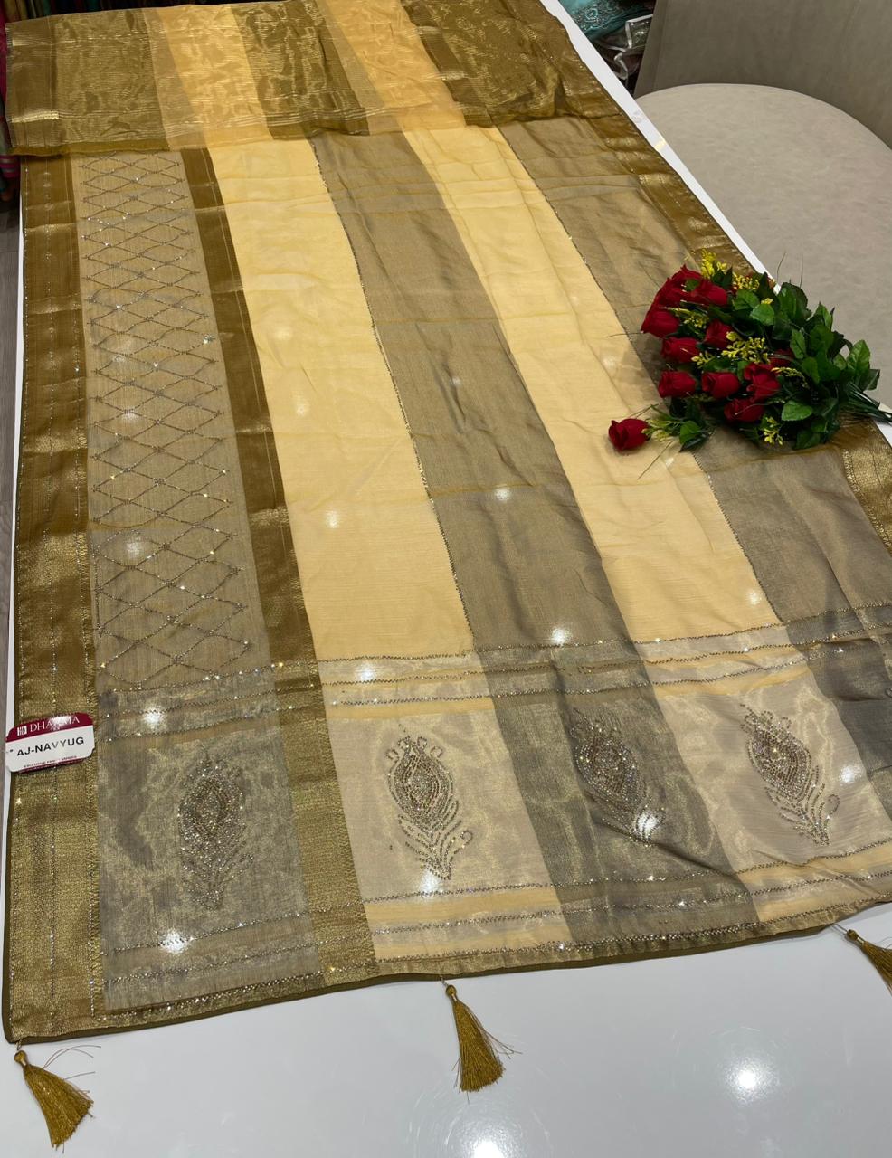 AJ-NAVYUG FANCY FABRIC SAREE WITH BEAUTIFUL DESIGN WITH HEAVY DMC SIROSKI WORK ON SAREE WITH PIPING AND LATKAN WITH BLOUSE