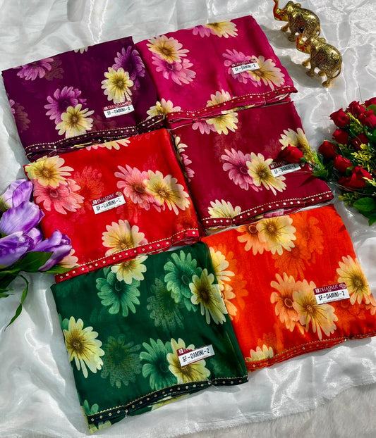 SF-DAMINI-2 SEMI WEIGHTLESS FABRIC SAREE WITH BEAUTIFUL FLORAL PRINT ALL OVER ON SAREE WITH SEQUENCE WORK BORDER WITH BLOUSE