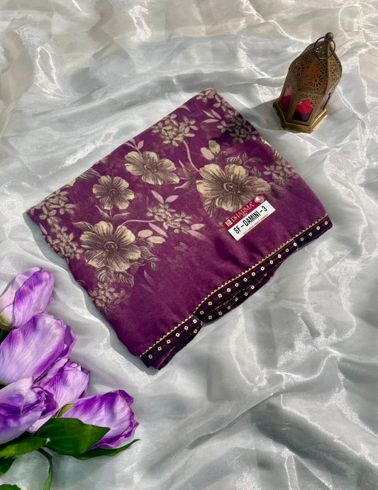 SF-DAMINI-3 SEMI WEIGHTLESS FABRIC SAREE WITH BEAUTIFUL FLORAL PRINT ALL OVER ON SAREE WITH SEQUENCE WORK BORDER WITH BLOUSE