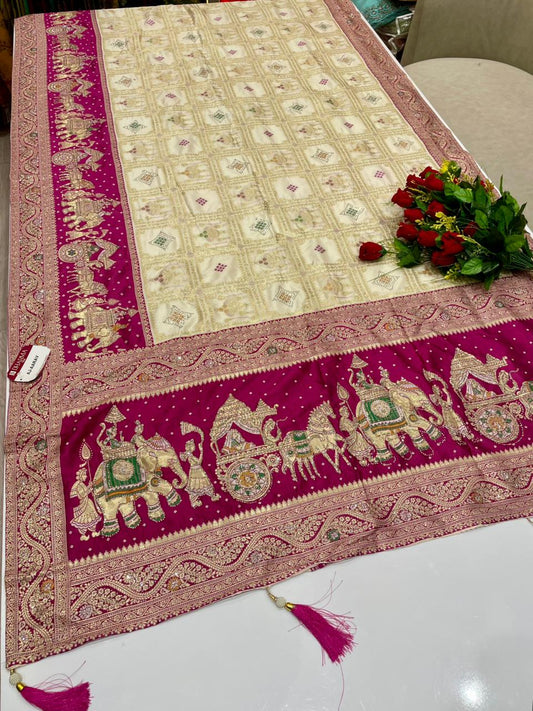 AJ-AARAV FANCY FABRIC SAREE WITH RICH PALLU DESIGN WITH BEAUTIFUL GAJRAJ DESIGN WITH HEAVY DMC SIROSKI WORK WITH BOX DESIGN WITH PIPING AND LATKAN WITH BLOUSE