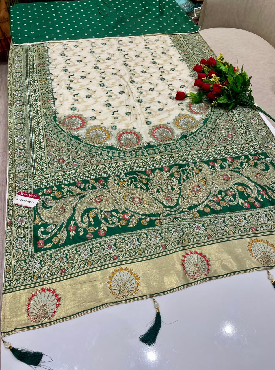 AJ-PRATIKSHA FANCY SILK FABRIC SAREE WITH HEAVY PALLU GRAND PALLU DESIGN WITH LAGNI PATTA WORK WITH PIPING AND LATAKAN WITH CONTRAST BLOUSE