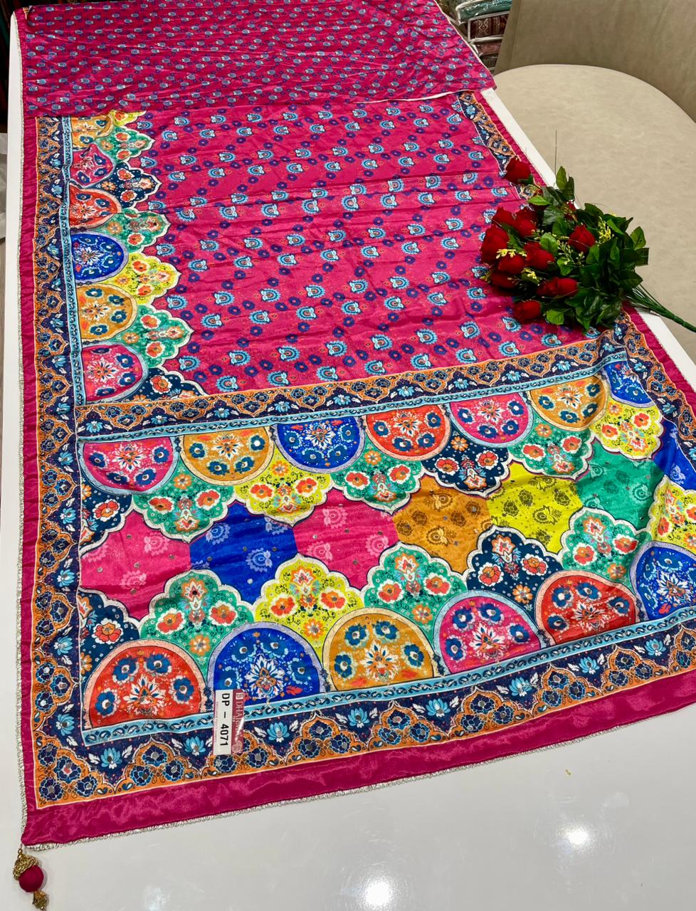DP-4071 CHINNON DIGITAL PRINT SAREE WITH AARI WORK & ORIGINAL MIRROR WORK WITH LOVELEY HEAVY TASSELS