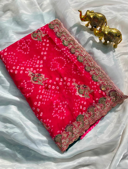 BS-JINGLE BELL PURE CHIFFON FABRIC SAREE WITH BEAUTIFUL DESIGN WITH BANDHANI DESIGN WITH JARKAN WORK WITH CUT WORK WITH BLOUSE