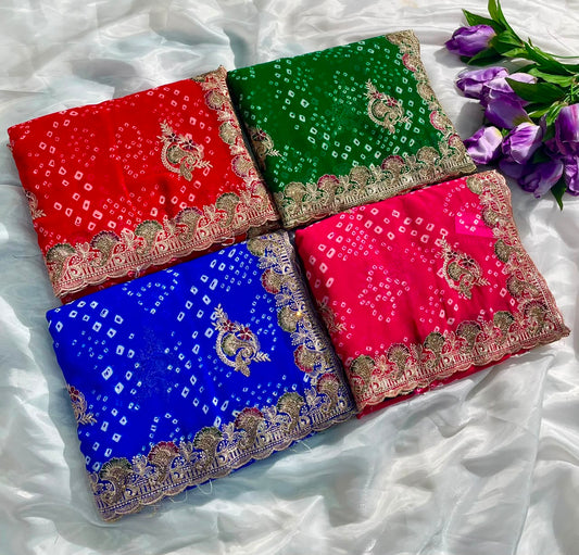 BS-JINGLE BELL PURE CHIFFON FABRIC SAREE WITH BEAUTIFUL DESIGN WITH BANDHANI DESIGN WITH JARKAN WORK WITH CUT WORK WITH BLOUSE